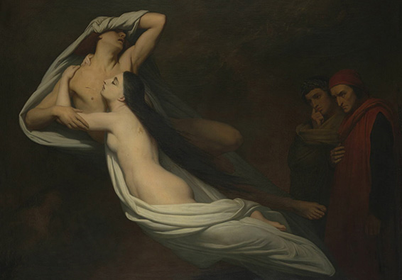 Les ombres de Francesca da Rimini et de Paolo Malatesta apparaissent à Dante et à Virgile. Ary Scheffer, 1855.