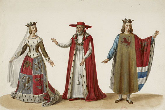 Jacques Fromental Halévy, La juive, esquisse des costumes par Eugène Du Faget, 1835, Endoxie (Madame Dorn-Gras), Le Cardinal (Levasseur); Léopold (Lafont). 