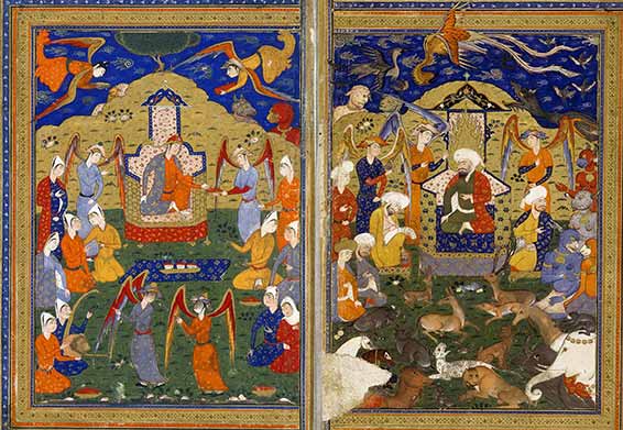 La visite de Belqis, reine de Saba, à Salomon, copie du Livre des rois, de Firdousi, Abou'lkasim (0940-1020), par Mohammad Djân al-Kermâni (vers 1904-1610), BnF, département des manuscrits, suppl. persan 490, fol. 1v et 2.