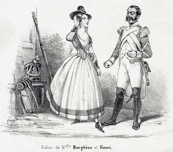 Roles de Melle Borghèse et Henri dans La Fille du Régiment, Le Pont Neuf, Chronique des Théâtres, dessins de C.V., 1840.