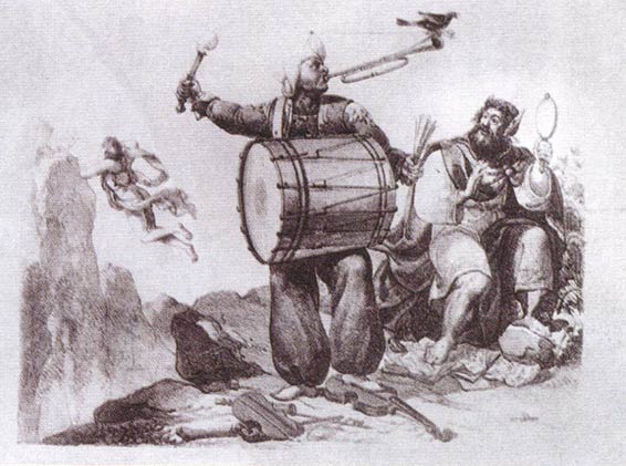 Il Turco in Italia, caricature, « Le ambour Rossini et la nouvelle mélodie », lithographie de Jean-François Vilain.
