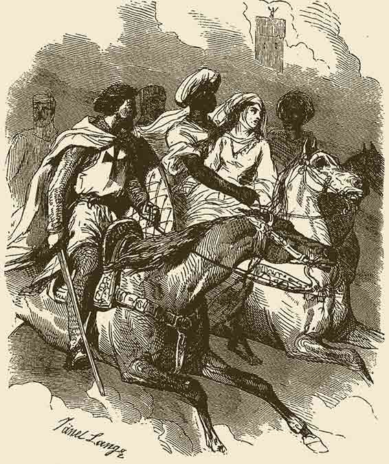 « Brian de Bois-Guilbert sortant du château de Torquilstone », Walter Scott, Ivanohé, dans « Le Panthéon populaire illustré », n° 27?, traduit par Émile de La Bédollière, illustré par Janet-Lange, Gustave Barba, Paris, avant 1872.