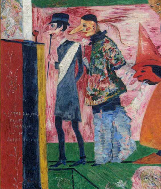 James Ensor, Personnages devant l'affiche de La Gamme d'amour, 1914. 