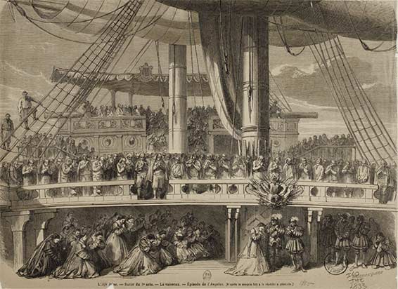L'Africaine, opéra de Meyerbeer, illustration de presse de 1865 : décor du 3e acte, le Vaisseau, épisode de l'Angelus (d'après le croquis fait à la répétition générale).