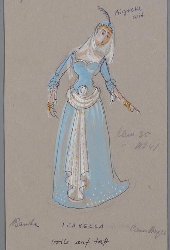 Conception des costumes pour Cora Canne Meijer dans le rôle d'Isabella dans L'Italiana in Algeri (Gioacchino Rossini) par Jan Schlubach, 1959.