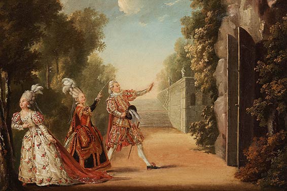 Scène de La Belle Arsène (Pierre-Alexandre Monsigny / Charles-Simon Favart), acte III scène 8., Pehr Hilleström (1779). 
