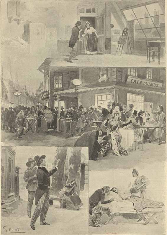 La Bohème de Giacomo Puccini; Opéra-Comique, scènes diverses par Amato Gennaro (dessinateur). L'Illustration (Paris); 1898.