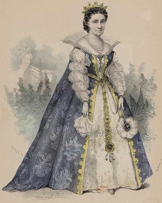 Caroline Carvalho dans Les Huguenots, de Meyerbeer, lithographie de Théo, Impremerie Bertauts, Paris 1870.