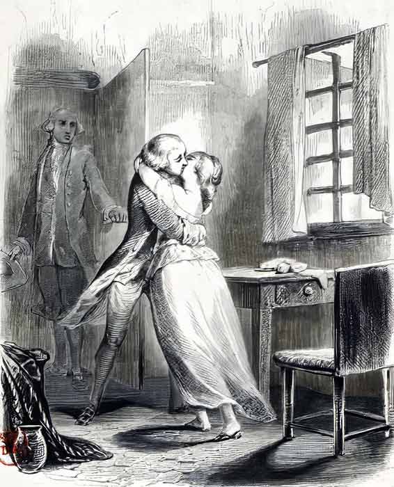 Histoire de Manon Lescaut et du chevalier des Grieux par l'abbé Prévost, illustré par Tony Johannot, Ernest Boudin, Paris, 1839, NP, entre p.160-161.