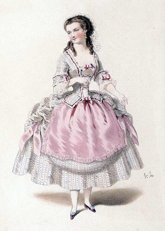Marie Cabel dans le rôle de Manon (création), lithographie d'Alexandre Lacauchie, d'après A. Godard, 1856.