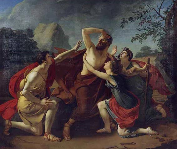 Œdipe maudissant son fils Polymice malgré les supplications d'Antigone et Ismene, peinture à l'huile de Pierre-Édmé-Louis Pellier, 1807. Musée d'Angers.