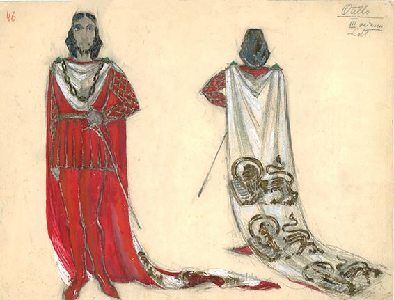 Deux croquis du costume d'Othello, pour l'opéra de Giuseppe Verdi, par Liudas Truikys, Théâtre d'opéra et de ballet d'État de la République socialiste soviétique de Lituanie, création 3 avril 1947, sous la direction de d'Algimantas Kalinauskas.