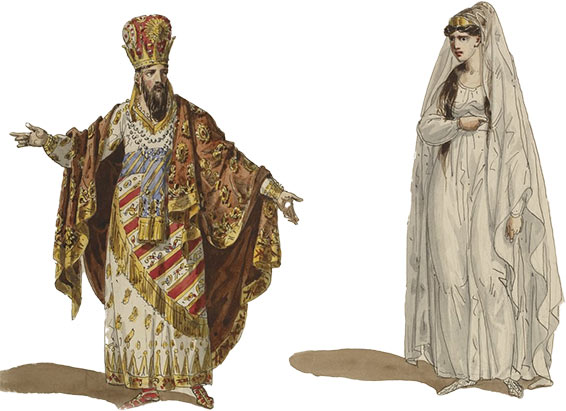 Maquettes de costumes pour semiramide, Idrène (Mr Bordogni) Semiramis 2e Costume (Mde Fodor), par Hippolyte Lecomte, Paris, Théâtre Royal Italien, 8 décembre 1825.