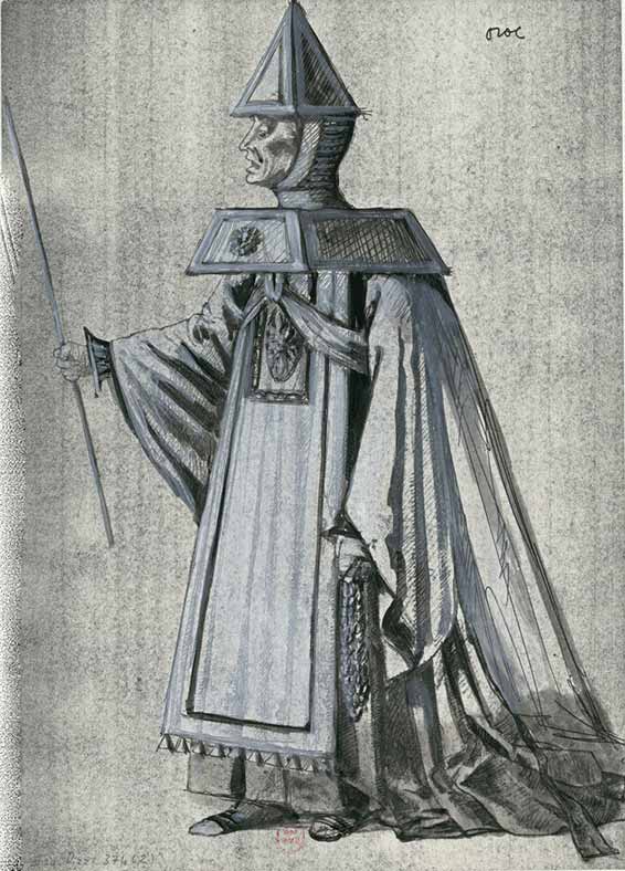 Maquette de costume pour Oroe, par Pier Luigi Pizzi (aussi metteur en scène), Aix-en-Provence, Théâtre de l'Archevêché, 15 juillet 1980.