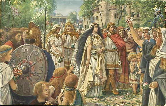 Illustration d'une scène de l'opéra Götterdämmerung de Richard Wagner : les jeunes mariés Gunther et Brünnhilde et Siegfried et Gutrune traversent une foule en tenue de fête, par Heinrich Hoffman, après 1905.
