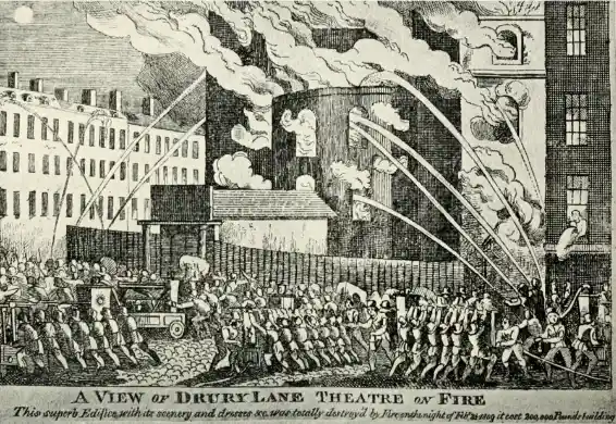 Une vue du théâtre de Drury Lane en feu, extrait de Thaler Alvin, Shakespeare to Sheridan: A Book About the Theatre of Yesterday and Today, 1922.
