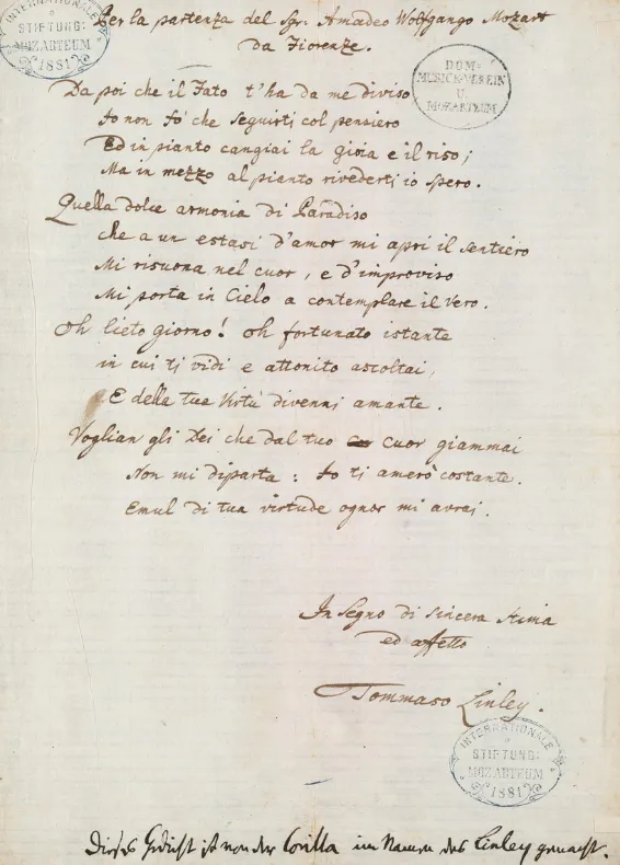 Thomas Linley à Wolfgang Amadeus Mozart, Florence, 6 avril 1770, copie de Leopold Mozart, Mozarteum, Salzburg, Bibliotheca Mozartiana, DocBD 177.