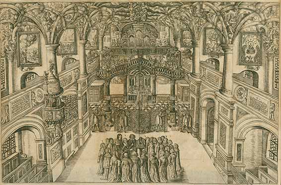 Chapelle du château de Dresde avec Heinrich Schütz entouré de la cantorale. Copie de la couverture du Geistreiches Gesangbuch (1676).