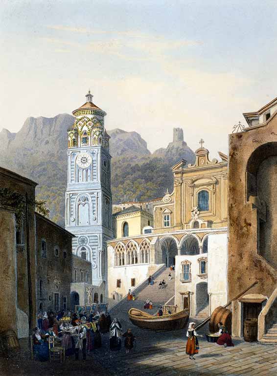 Cathédrale d'Amalfi, Lithographie colorée, d'après Isodore Laurent Deroy (1797-1888).