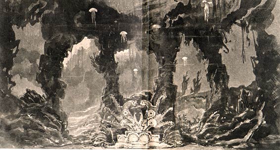 Sadko&nbsp;: projet pour la scène du royaume sous-marin (dessin de A. Benoi), Paris, Collection Anna Tchernessov