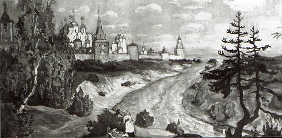 Sadko, projet de décor pour la dernière scène (dessin de A. Benois, 1930). Paris, Collection Anne Tcherkessov.