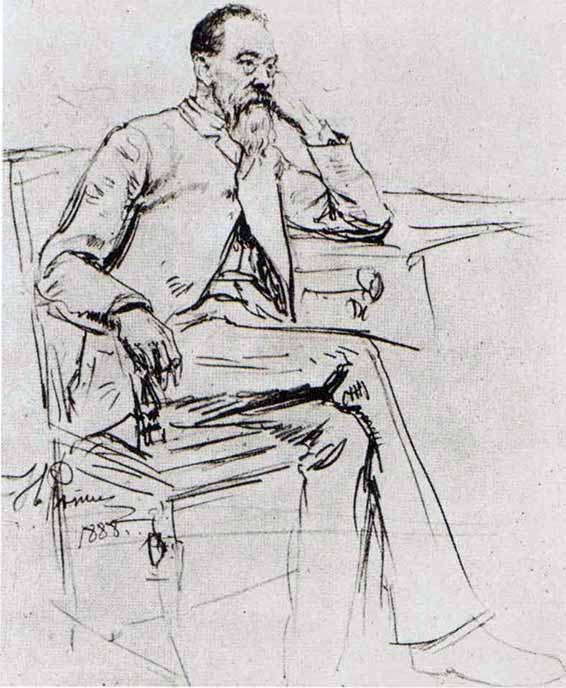 Portrait de Rimski-Korsakov (dessin de I. Repin, 1844-1930). Milan, Collection de gravures Bertarelli.